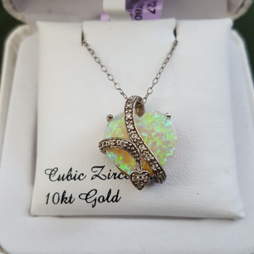 Opal and cubic Zirconia heart pendant necklace
